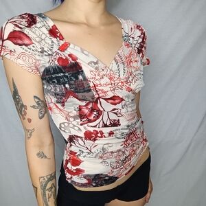 Max Studio Red and White Floral Blouse